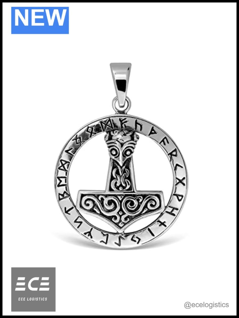Sterling Silver Viking Mjolnir Thor Hammer Pendant Necklace Amulet Norse